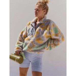 Free People Hit The Slopes Printed Fleece Pullover - Gray, Yellow, Mint